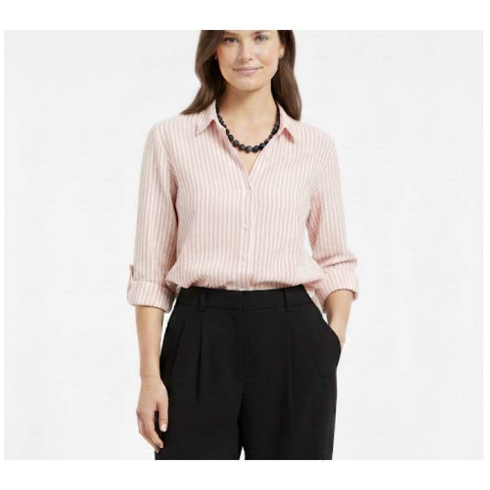 J. CREW L {FITS M} CANDY STRIPED FITTED COTTON BUTTON UP SHIRT 3/4 SLEEVE CAREER